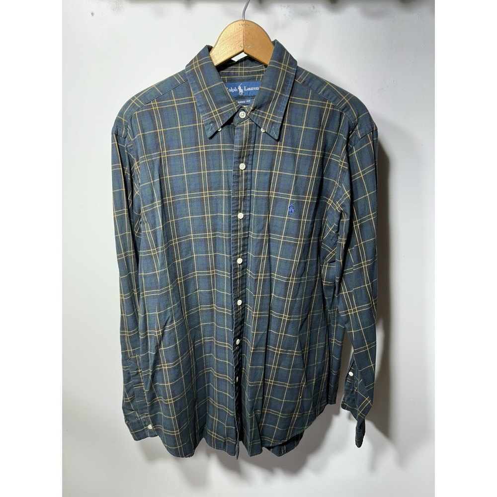 Ralph Lauren Button Down Shirt Mens Large Blue Green Check Classic Fit